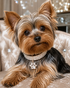A close-up portrait of a small Yorkshire Terrier resting on a soft, tufted beige surface. The dog has silky tan and steel-grey fur, large dark eyes, and upright ears, and is wearing a sparkling rhinestone collar with a paw-shaped pendant. The background is softly blurred with warm, decorative lighting, creating a cosy indoor atmosphere.