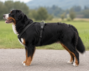 A side-profile outdoor photograph of a large Bernese Mountain Dog standing on a paved path. The dog is wearing a black harness with visible straps and metal fittings, and appears calm and alert with its head turned slightly forward. The background is softly blurred, showing green grass, trees, and distant hills, creating a natural, peaceful setting with the dog as the clear focal point.