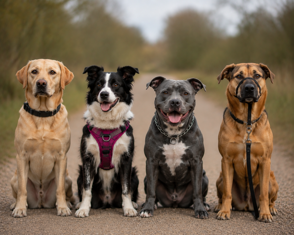A sharp, shallow-depth-of-field outdoor portrait of four dogs sitting side by side on a gravel country path. From left to right: a yellow Labrador wearing a black collar; a black-and-white Border Collie wearing a magenta harness; a blue-grey Staffy-type dog wearing a chain collar; and a tan shepherd-type dog wearing a black head halter. All four dogs are facing forward and looking toward the camera with relaxed, alert expressions. Each dog has its own separate lead, with no entanglement between them. The background is softly blurred, showing muted greenery and trees, creating a calm, natural setting with the dogs as the clear focal point.
