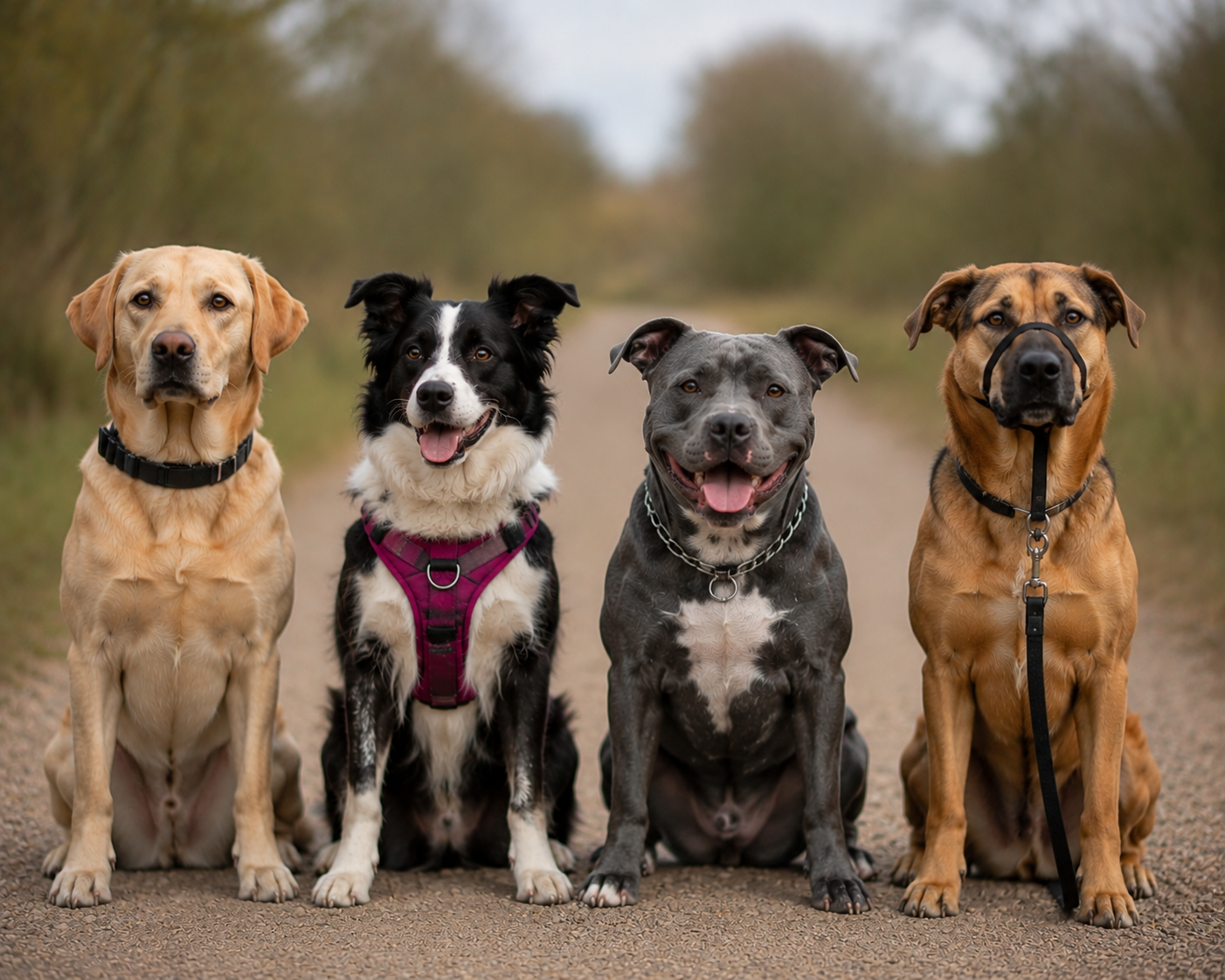 A sharp, shallow-depth-of-field outdoor portrait of four dogs sitting side by side on a gravel country path. From left to right: a yellow Labrador wearing a black collar; a black-and-white Border Collie wearing a magenta harness; a blue-grey Staffy-type dog wearing a chain collar; and a tan shepherd-type dog wearing a black head halter. All four dogs are facing forward and looking toward the camera with relaxed, alert expressions. Each dog has its own separate lead, with no entanglement between them. The background is softly blurred, showing muted greenery and trees, creating a calm, natural setting with the dogs as the clear focal point.